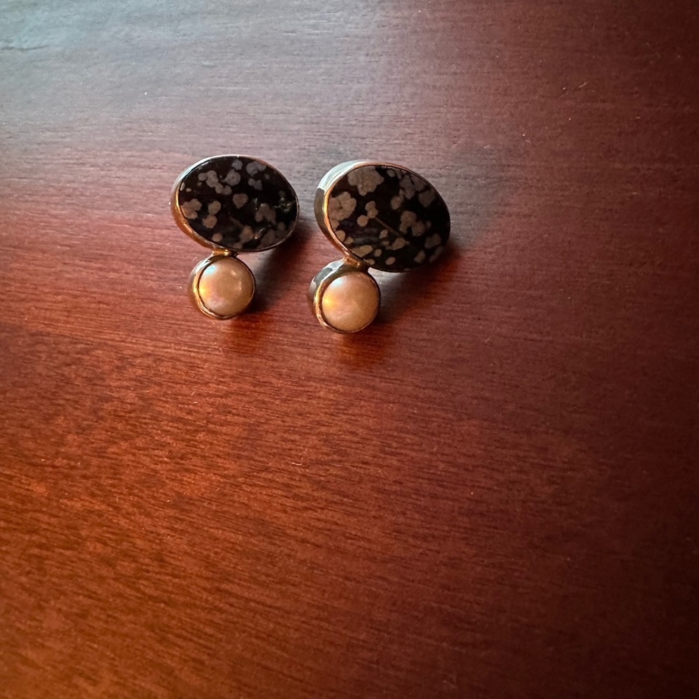 .925 sterling silver snowflake obsidian and pearl post earrings.